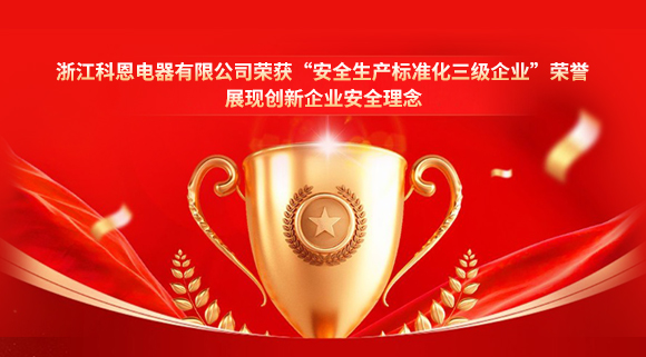 浙江科恩電器有限公司榮獲“安全生產(chǎn)標(biāo)準(zhǔn)化三級(jí)企業(yè)”榮譽(yù)，展現(xiàn)創(chuàng)新企業(yè)安全理念！